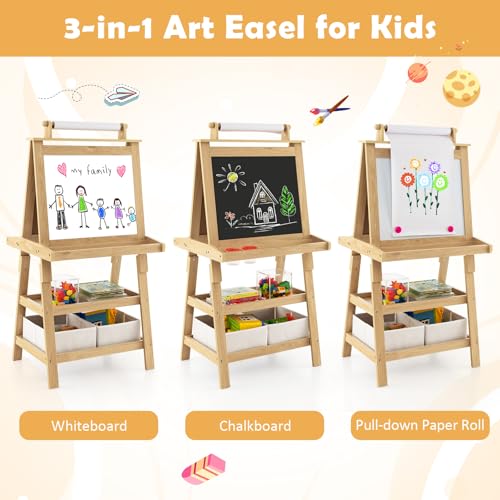 Costzon Kids Art Easel, 3 in 1 Double-Sided Painting Easel w/Magnetic Whiteboard, Chalkboard & Paper Roll, 2-Tier Storage Rack & 2 Boxes, Standing Easel for Kids, Toddlers, Boys, Girls (Natural)