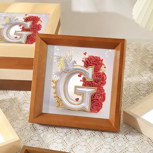 Image of AiYuanzsh 5D Diamond Art Kits for Adults Letter G, Golden Alphabet Rose & Dove Special Shape Diamond Painting, Floral Diamond Art for DIY Crystal Rhinestones Home Wall Decoration 17x17cm