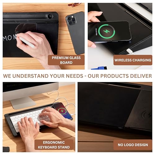 Image of Garood Desktop Whiteboard with Wireless Charger Black, Adapter Included, Desktop Whiteboard with Phone Charger and Holder, Glass Desk White Board with Stand 15.8X7X2 inches
