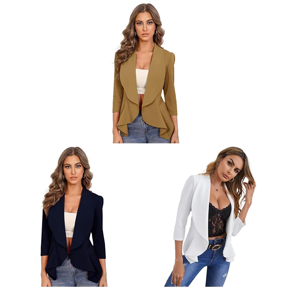 Women's Relaxed Fit Shawl Collar Blazers in Navy Blue, Snow White, and Other Colors (3/4 Sleeve).-image-16