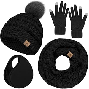 Gorro de invierno, bufanda, guantes y calentador de orejas, gorro de punto cálido, juego de guantes para pantalla táctil, regalos de invierno, bufandas para el cuello para mujer