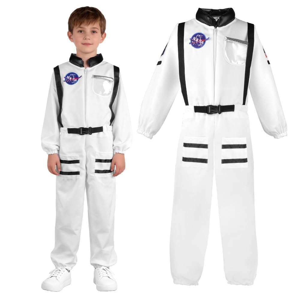 BSBUY Astronaut Kostüm Kinder Weiß Astronautenkostüm Kind Unisex Astronautenoverall Astronauten mit Taschen Weiß Weltall Costume Raumfahrer Spaceman Kostüm Outfit Halloween Astronaut Raumanzug 110~140