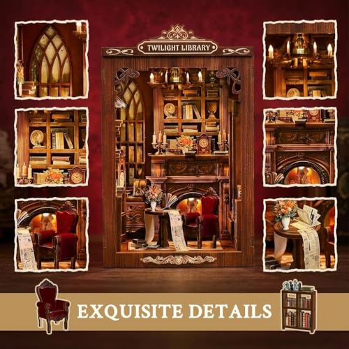 Image of PATPAT Book Nook Kit DIY Miniature House Kit with Vintage Fireplace, Bookshelves & Furnitur for Bookshelf Decoration & Creative Craft Assembly, Twilight Library Doll House Set for Kids 12*10.5*17.5cm