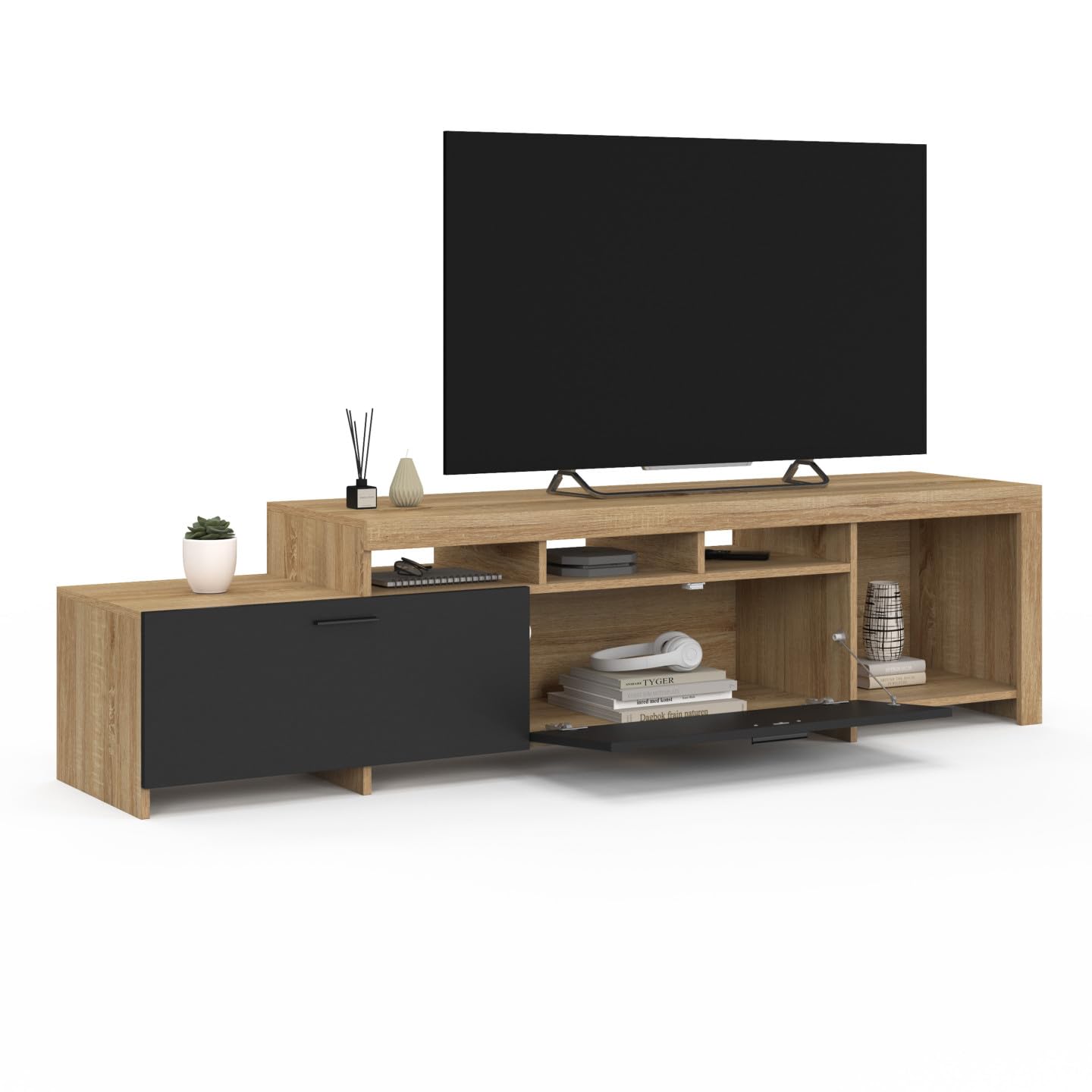 IDMarket - Meuble TV 180 cm Malo Bois et placards Noirs