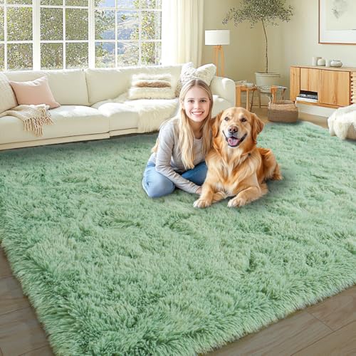 KING DARE 8x10 Area Rugs for Living Room, Soft Plush Fluffy Shaggy Fuzzy Furry Large Green Rug, Anti-Slip Washable Modern Big Floor Carpet for Bedroom Aesthetic Home Decor