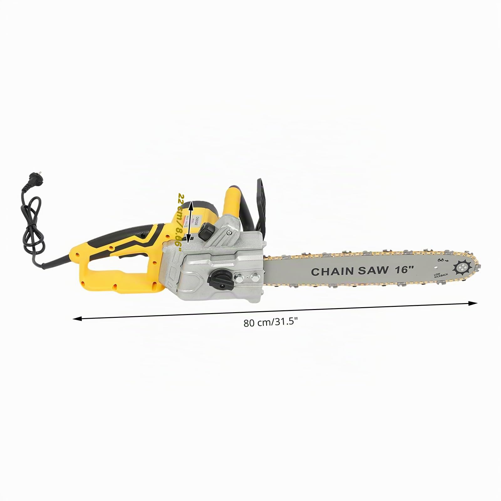 Motosierra eléctrica de 2000 W, riel guía de 40,64 cm, 800 rpm, sistema de lubricación automático y ajuste de cadena sin herramientas, 5,3 kg, amarillo, con cable
