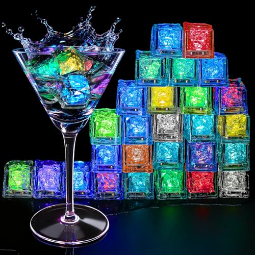 Light Up Ice Cubes 96 Pack Multi Color Led Ice Cubes for Drinks IP67 Waterproof Reusable Glowing Flashing Changing Lights Water Activated Drink Lights for Cocktails Christmas Party Bar Wedding