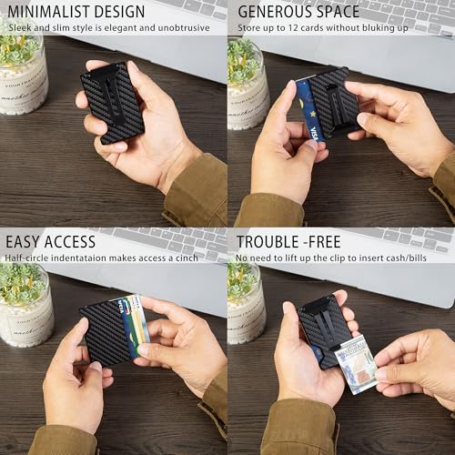 Image of Minimalist Carbon Fiber Wallet for Men, Money Clip Cash Strap Wallet, RFID Blocking Metal Wallet Aluminum Card Holder,Front Pocket Wallet(Carbon Fiber)
