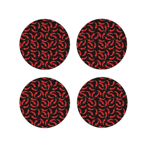 Red Chili Pepper Lot de 4 sous-verres ronds pour protection de table, dessous de verre ronds pour décoration de la maison, décoration de salon 10 cm