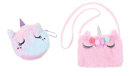 Aashiya Soft Plush 1 Unicorn Wallet Plush Girl Mini Unicorn Coin Purse Keychain + 1 Unicorn Fur Small Sling Bag for Girls