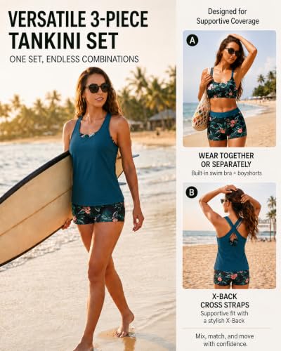 Image of Women's 3 Piece Tankini Swimsuit Tummy Control Bathing Suit with Boy Shorts