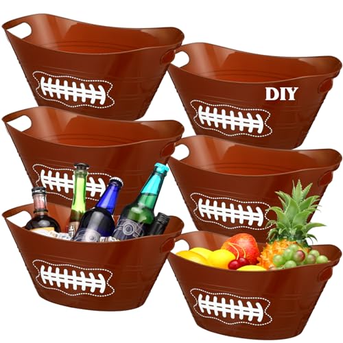 Teenyyou 6 Pcs Brown Football Plastic Ice Bucket Drink Cooler Bulk 4.5l Oval Storage Basket Tub with Handles for Summer Sport Birthday Party Decoration Supplies