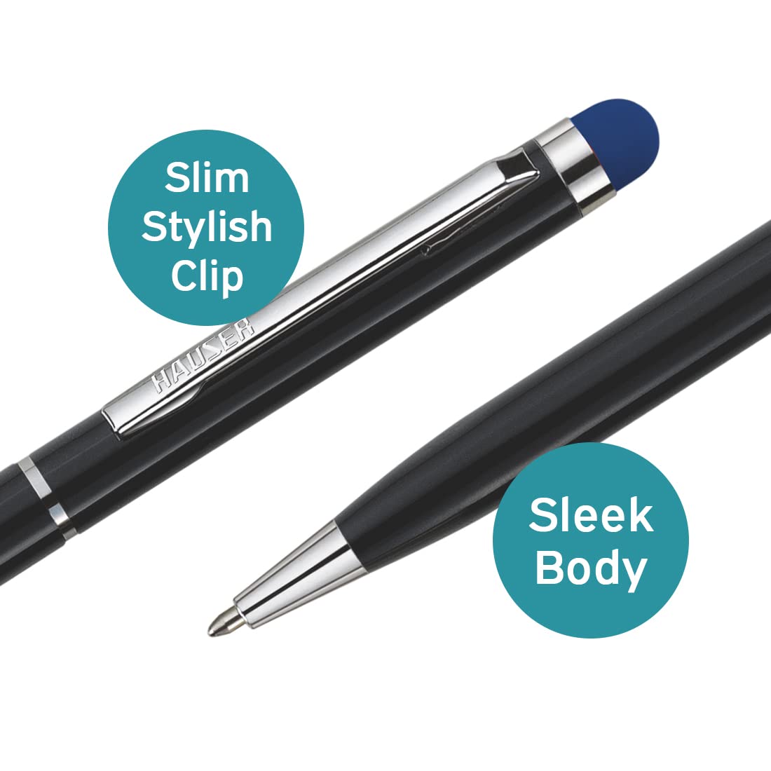Hauser Duet Stylus Kugelschreiber mit Metallgehäuse, Drehmechanismus, doppelter Verwendungszweck zum Multitasken zwischen Papier und Touchscreen-Handy/Tablet, gefüllt mit Cardinal-Mine, blaue Tinte, 3