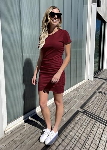 Image of BTFBM Women's Summer Dresses 2026 Casual Bodycon Mini Dress Short Sleeve Crew Neck Ruched Spring Beach Vacation Outfits