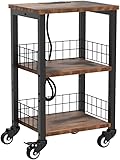 BEWISHOME Rolling End Table with Wheels, Small Side Table with Charging Station & USB and Type C Ports, Industrial Nightstand for Living Room Bedroom, Rustic Brown KTC01Z