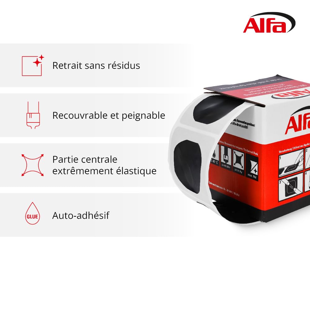 Alfa Cache-prise bords adhésif – Masquage peinture – 100 pièces | Cache-prise adhésif PET pour peinture. Masquage rapide des prises et interrupteurs, retrait sans résidus sur métal.