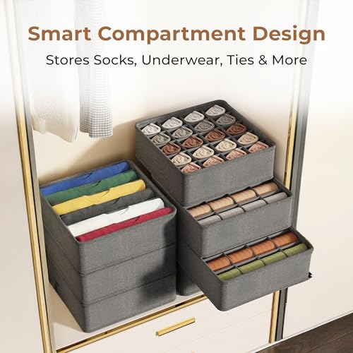 Image of HomeEssentials 6-Compartment Foldable Closet Organizer, Grey - Drawer Storage Box for Socks, Ties & Scarves, Space-Saving Wardrobe Divider for Neat and Organized Clothing Storage