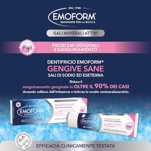 Emoform Zahnpasta für gesundes Zahnfleisch, 100 ml, mit Natrium- und Esetidin-Salzen – reduziert Zahnfleischbluten in über 90% der Fälle und lindert Irritationen – stärkt den Zahnschmelz