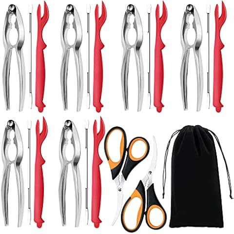 Seafood Cracker Tools, 21 Pcs Crab Leg Crackers and Tools, 6 Crab Crackers, 6 Crab Leg Forks/Picks, 6 Lobster Shellers, 2 Seafood Scissors & 1 Storage Bag, mobzio Portable Seafood Boil Party Supplies Cover