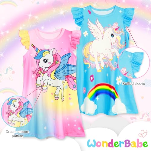 WonderBabe 2Pcs Girls Nightgowns Unicorn Pajamas Toddler Nightgown Sleepwear Flutter Short Sleeves Night Gowns for Kids3