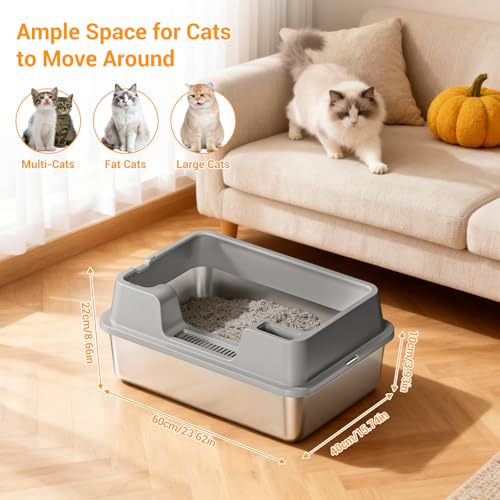 Aptliton Stainless Steel Cat Litter Box Xl, Large Hooded Litter Tray With Flip Top Lid, Enclosed Metal Cat Toilet Anti-Odour & Non-Stick, High Sided Pan For Big Cats - 2