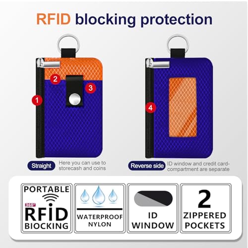 Image of Minimalist RFID Blocking Small Wallet with ID Window,WaterResistant Zip Id Case Wallet with Lanyard Keychain for Cards,Cash,Travel,Women,Men (Sapphire Blue /Orange)