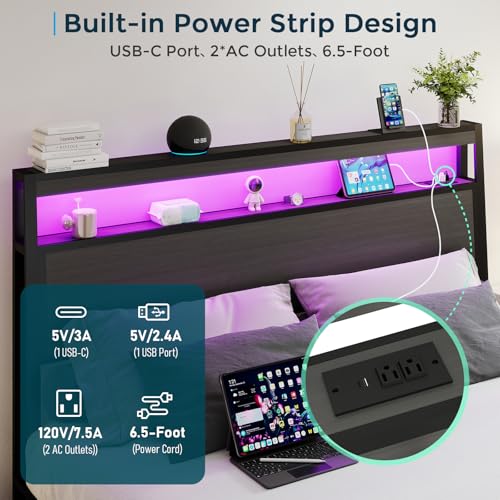 Image of Queen Bed Frame with 4 Storage Drawers, Queen Size Bed Frame, Rustic Grey | LED Light, Charging Station, Wood Headboard, Metal Platform, No Box Spring Needed, Noise Free, Easy Assembly
