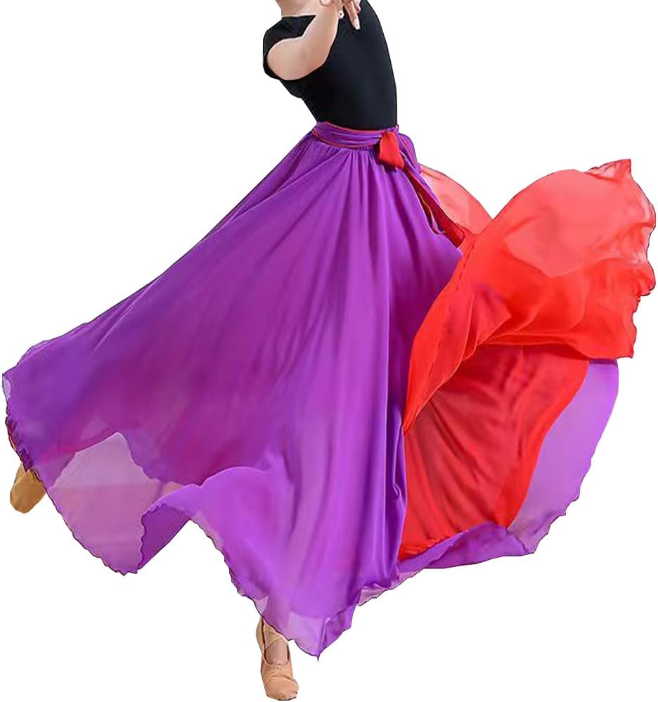 Women Black Red Two Layered Reversible Chiffon Long Maxi Skirt for Belly Spain Gypsy Dance Performance Photography