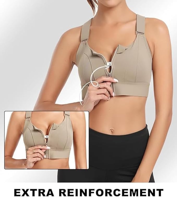 Image of Women's High Impact Sports Bra with Zip Front High Support Wireless Adjustable Plus Size for Large Breasts