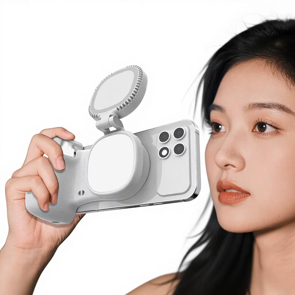BKN Fun Shot Magnetic Phone DSLR Style Camera Shoot Hand Grip with LED Fill Light for Shooting Wireless Remote Control Handle for iPhone Phones Mobile Phone Vlog Video Accessories (White)-image-23