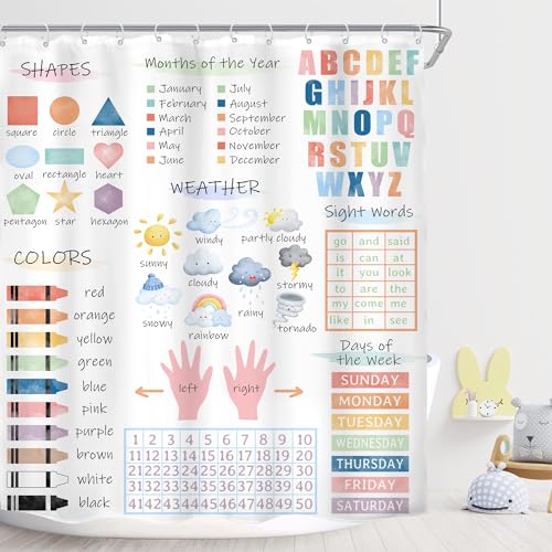 Imirell Kinder-Alphabet-Duschvorhang 152x183 cm (BxH), ABC-Cartoon, buntes Lernwerkzeug, Studenten, pädagogisches Wissen, Aquarell, Kinderzimmer, Stoff, Polyester mit 12 Haken, Kunststoff