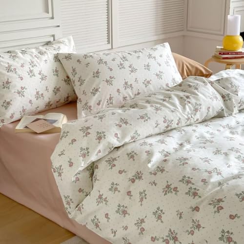 Image of MKXI Garden Floral Duvet Cover Peach Blossom Aesthetic Bedding White Print Duvet Cover Pink Floral Queen Size Cottagecore Soft Bedding 100% Cotton