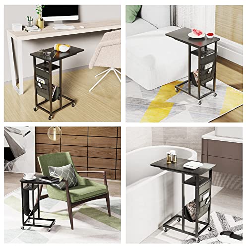 Colima C Shaped Slide Cover End Table With Charging Station, Narrow Sofa Side Table With Usb Port And Wheels, Couch Table Snack Bedside Table With Storage Bags For Office Living Room Bedroom #TOP6