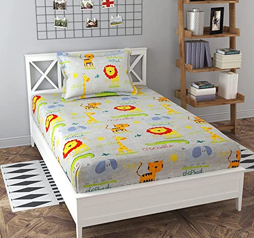Image of KAWI Single Bedsheet Elastic Fitted Glace Cotton with 1 Pillow Cover,200 TC (Size 72X48X up to 8 Inches Mattress) Lion Print