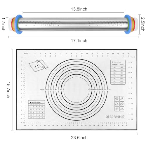 image for BIDFUL Rolling Pin with Thickness Rings and Silicone Baking Mat, Adjus