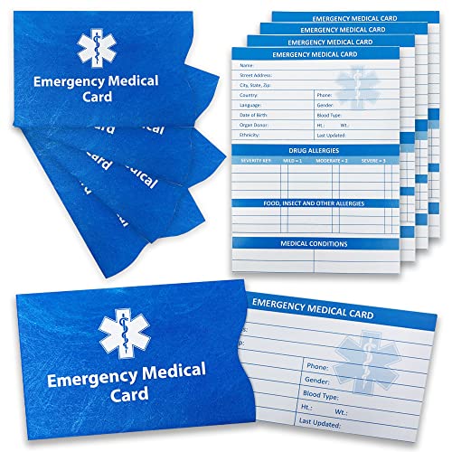 Emergency Medical Cards for Wallet (4 Pack) Tri-Folding with Tyvek Sleeves - Emergency Contact ID Wallet Card Blue, White 3.5*2 inch