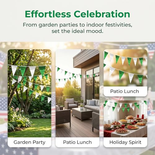 Image of 32.8FT Green Silver Glitter Triangle Pennant Banner Flag Metallic Bunting Outdoor Garland for Christmas Graduation Wedding Engagement Anniversary Bachelorette Bridal Shower Valentine's Party Decor