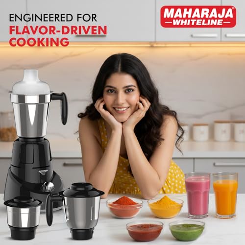 Image of Maharaja Whiteline MG Flora DLX MX-240 550W Mixer Grinder with 3 Jars | Powerful Motor | Black & Grey | Multipurpose Kitchen Mixer | 5 Years Motor Warranty