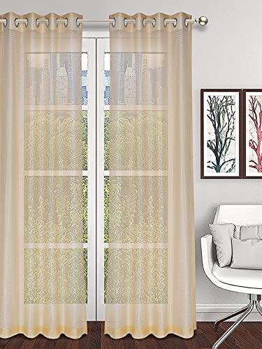 Image of Set of 2 Pcs Sheer Premium Lightweight Tissue Fabric Solid Gold Color Eyelet Door Curtain, 2 Pc Door Curtain 7ft