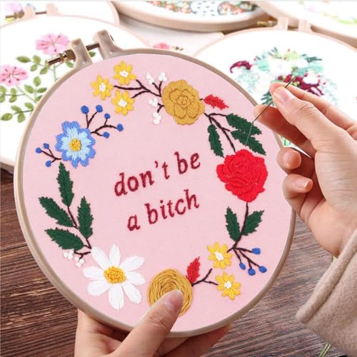 Image of Nuberlic Funny Embroidery Kits for Beginners, DIY Cross Stitch Starter Kit for Adults Including Cloth with Pattern, Hoop, Needles Instruction and Threads