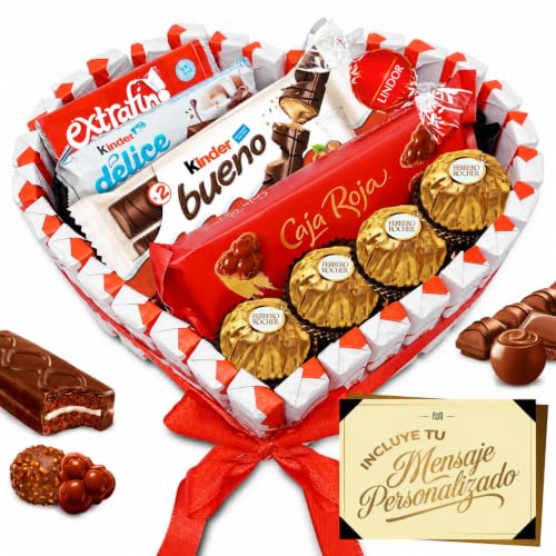 Corazón Sorpresa Regalo Dia del Padre con +40 Bombones y Chocolates – Ferrero Rocher, Lindor, Caja Roja, Kinder – Tarjeta Personalizada y Presentación Especial