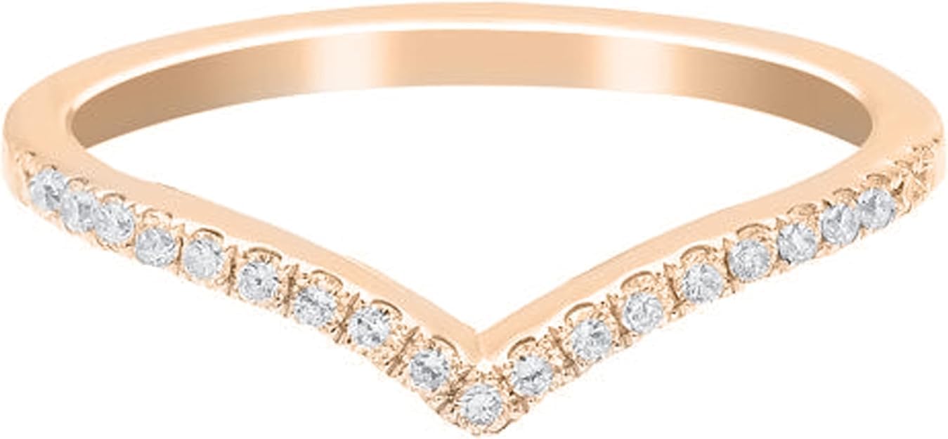 Curved Wedding Band 14K Gold Plated Sparkling V Shape Ring for Women with Cubic Zirconia Prong Setting Gift For Her (Rose Gold, 8)