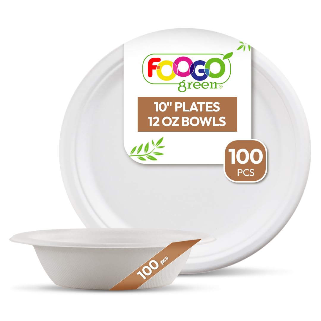 FOOGO Green 200pcs Disposable Sugarcane Fibre Strong Paper Plates and Bowls Set, 100x Large Round Plates, 100x Dessert Bowls, Eco Friendly Biodegradable, Wedding, Party — image 1