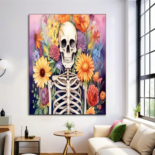Cuadro de calavera con flores estilo pastel para decorar tu sala de estar de forma moderna