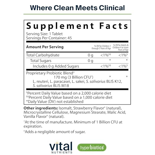 Hyperbiotics Vital Nutrients Pro Kids Probiotic ENT | Toddler Probiotics for Kids Ear, Nose and Throat | Targeted Immune and Digestive Health | Strawberry-Vanilla 45 Sugar-Free Chewable Tablets - Image 3