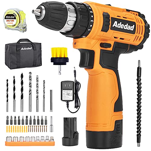Cordless Drill Set - Adedad 12V Power Drill Cordless, 2 Li-ion Batteries, 30+ Pcs Accessories, Powerful Small Drill for Women