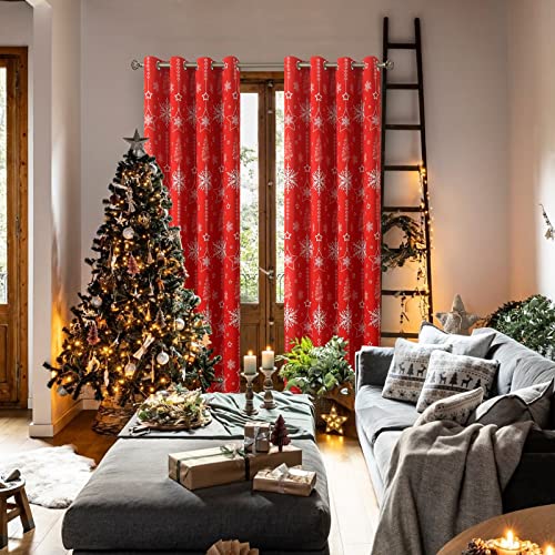 Bgment Christmas Curtains For Living Room, Grommet Christmas Decoration Window Blackout Curtains With Christmas Tree And Star Snowflake Print For Bedroom, Set Of 2 Panels, Each 52 X 84 Inch, Red #TOP1