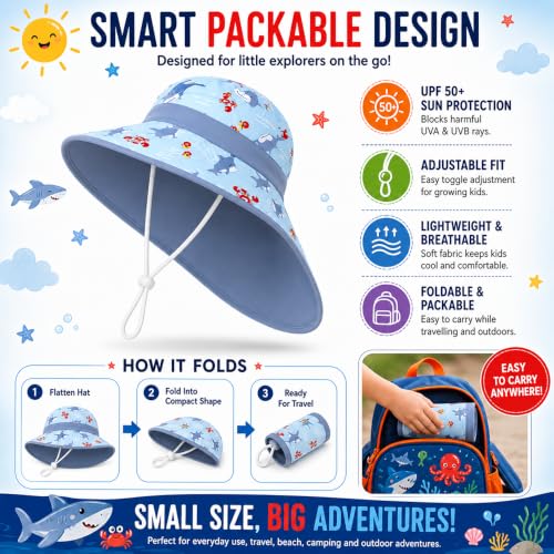 Image of VRITRAZ Sun Protection UPF50+ Bucket Hat Toddler Summer Beach Play Hats with Neck Flap for Girl, Boy, Kids Summer Hat, Bucket Hat for Kids Ages 3-10 Years