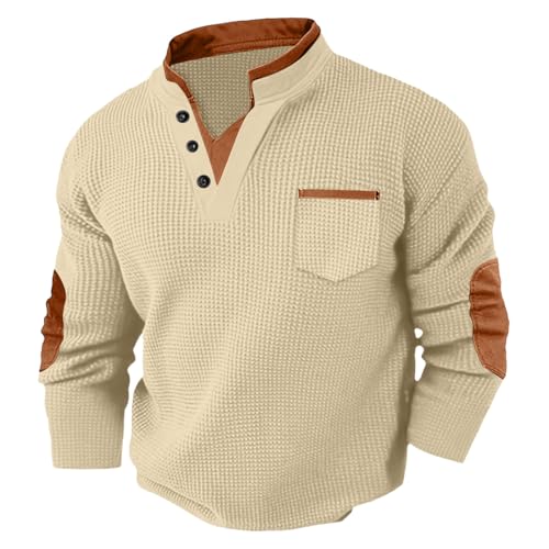 Mens Fall Fashion 2025 Button Down V Neck Hoodie Casual Waffle Sweatshirt Vintage Loose Pullover with Elbow Patches