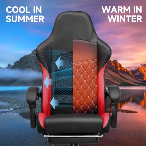 Image of GTPLAYER Gaming Chair, High Back Leather Computer Gaming Chair with Footrest, Ergonomic Height Adjustable Office Chair with Removable Cover and Lumbar Support for Gaming & Work,RED